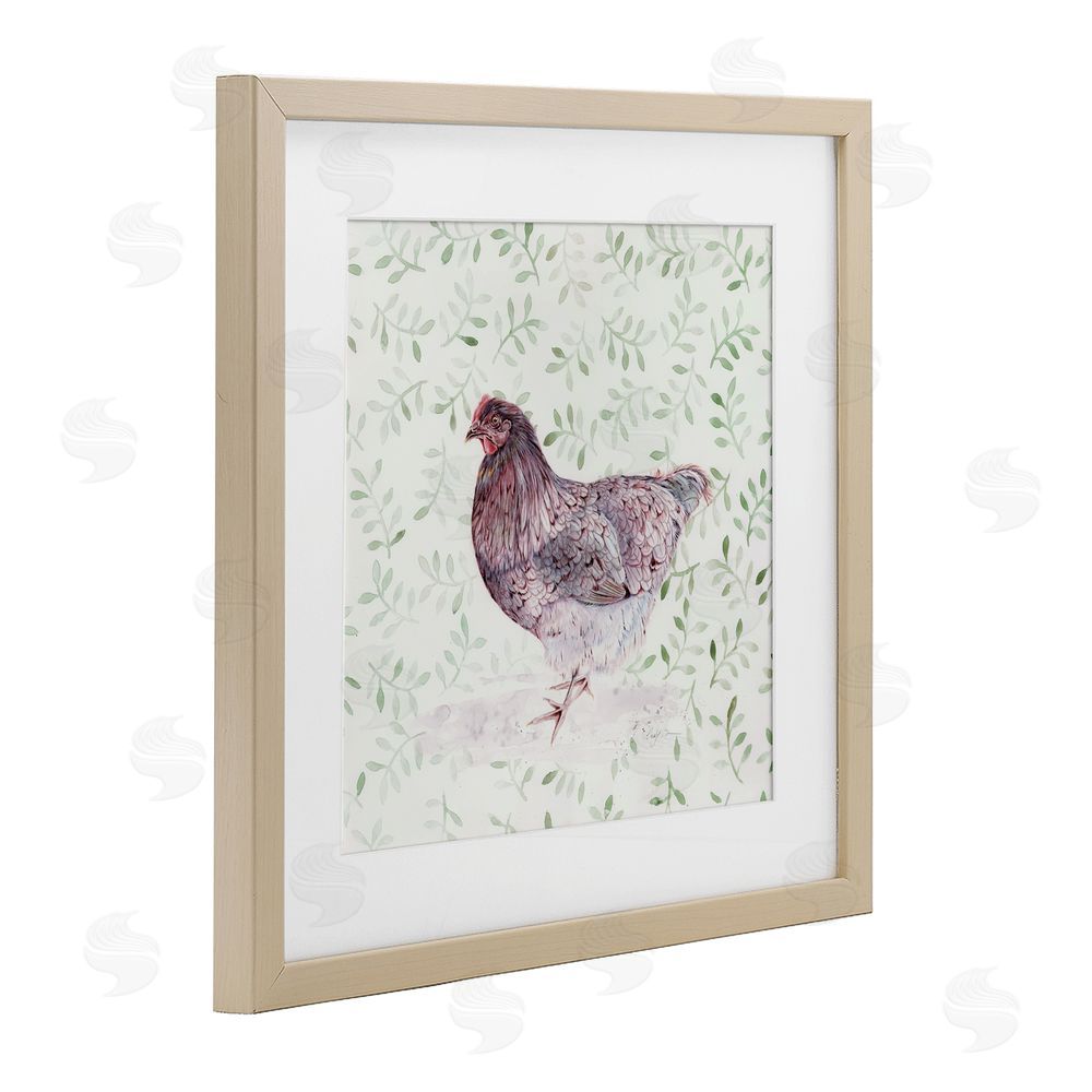 Cady Driver Hen Portrait on Leaf Sprigs Birch Framed Print Under Glass with White Mat Wall Art