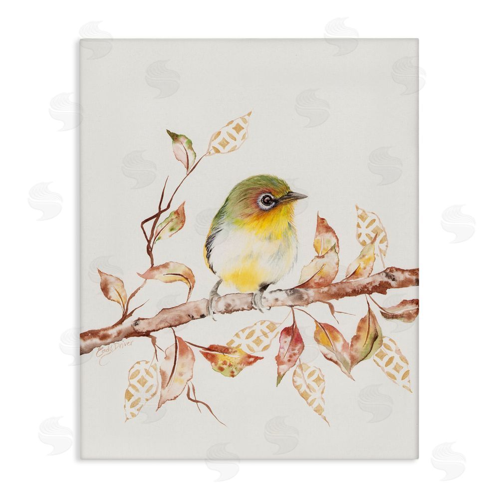 Cady Driver Perched Sparrow on Patterned Leaves Canvas Wall Art Print