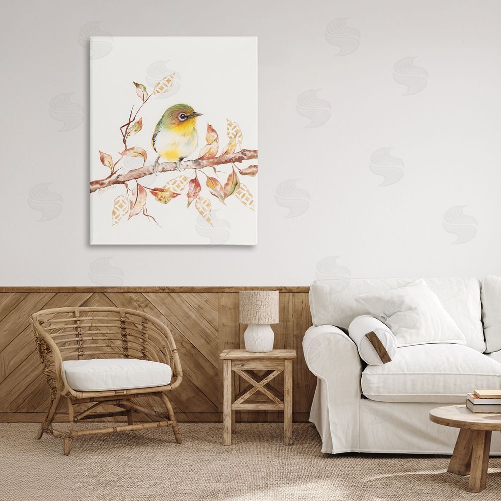 Cady Driver Perched Sparrow on Patterned Leaves Canvas Art on Wall