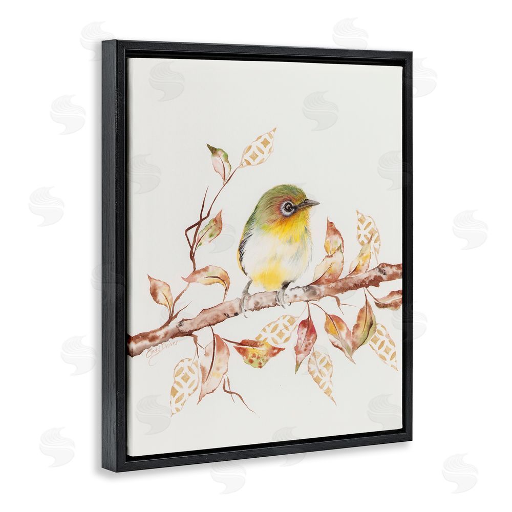 Cady Driver Perched Sparrow on Patterned Leaves Black Floating Frame Canvas Wall Art Print