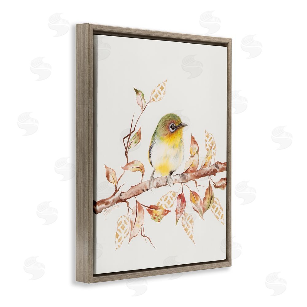 Cady Driver Perched Sparrow on Patterned Leaves Brown Floating Frame Canvas Wall Art Print