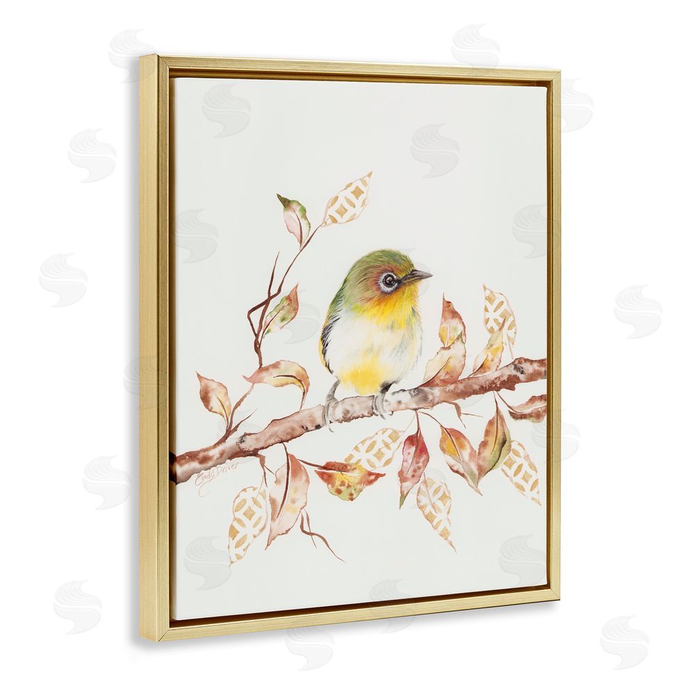 Cady Driver Perched Sparrow on Patterned Leaves Gold Floating Frame Canvas Wall Art Print