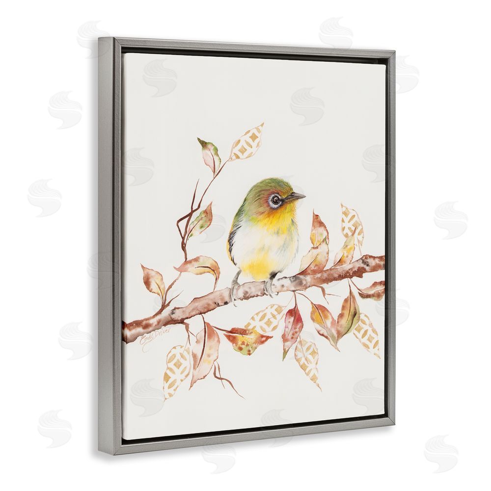 Cady Driver Perched Sparrow on Patterned Leaves Gray Floating Frame Canvas Wall Art Print