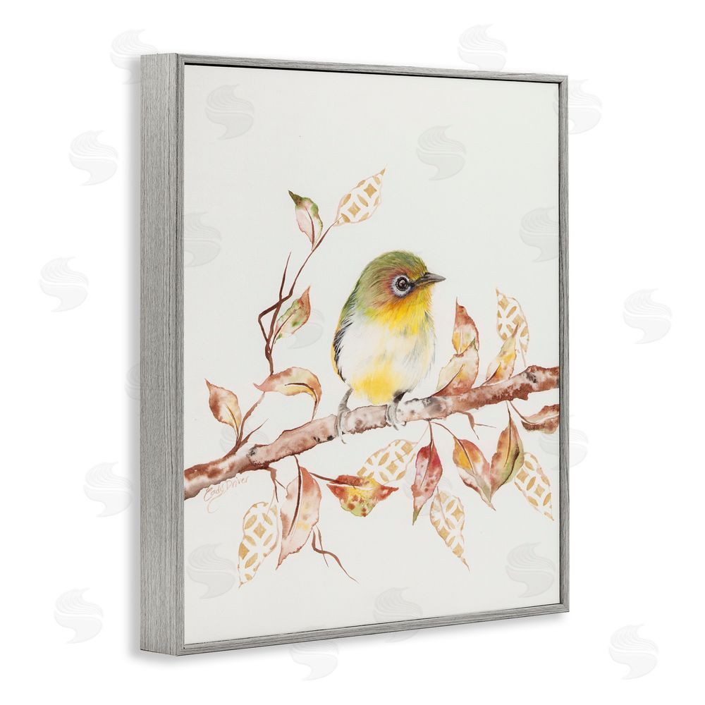 Cady Driver Perched Sparrow on Patterned Leaves Gray Framed Giclee Wall Art Print