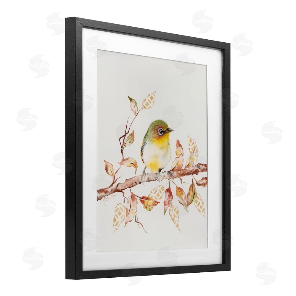Cady Driver Perched Sparrow on Patterned Leaves Black Framed Print Under Glass with White Mat Wall Art