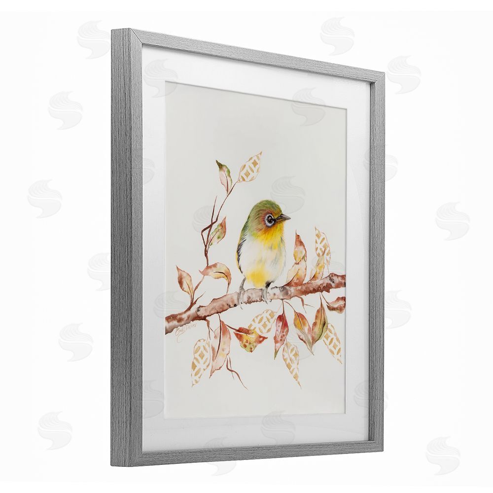 Cady Driver Perched Sparrow on Patterned Leaves Gray Framed Print Under Glass with White Mat Wall Art