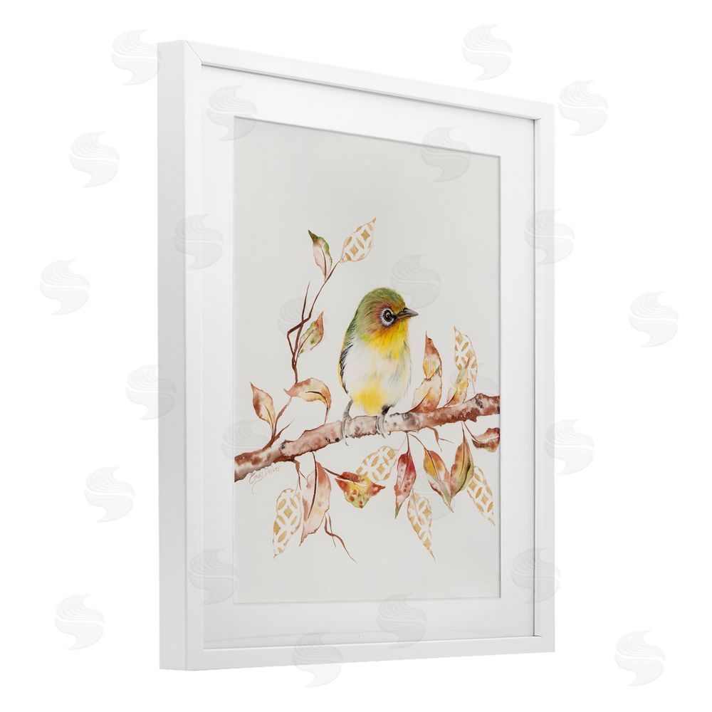 Cady Driver Perched Sparrow on Patterned Leaves White Framed Print Under Glass with Mat Wall Art