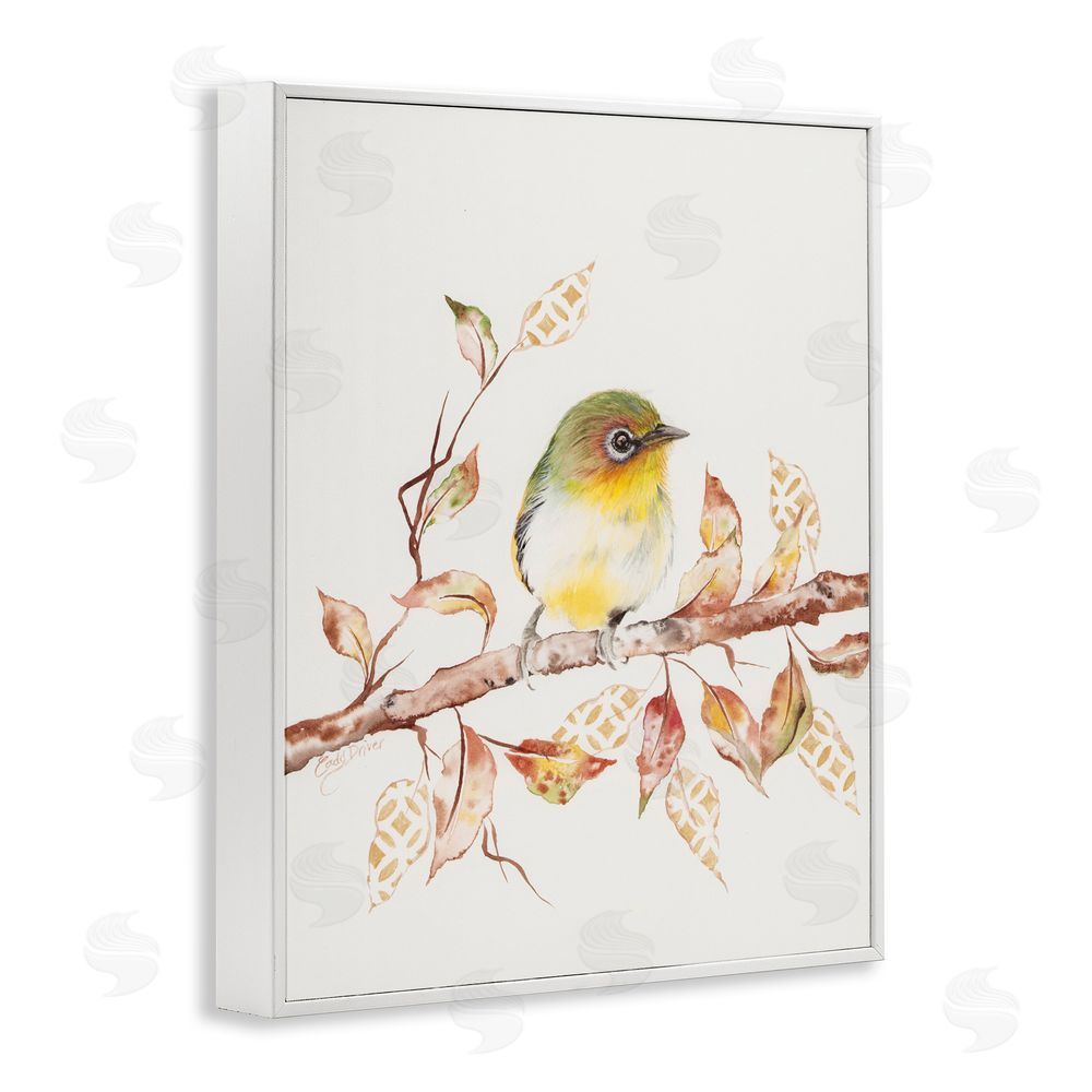 Cady Driver Perched Sparrow on Patterned Leaves White Framed Giclee Wall Art Print