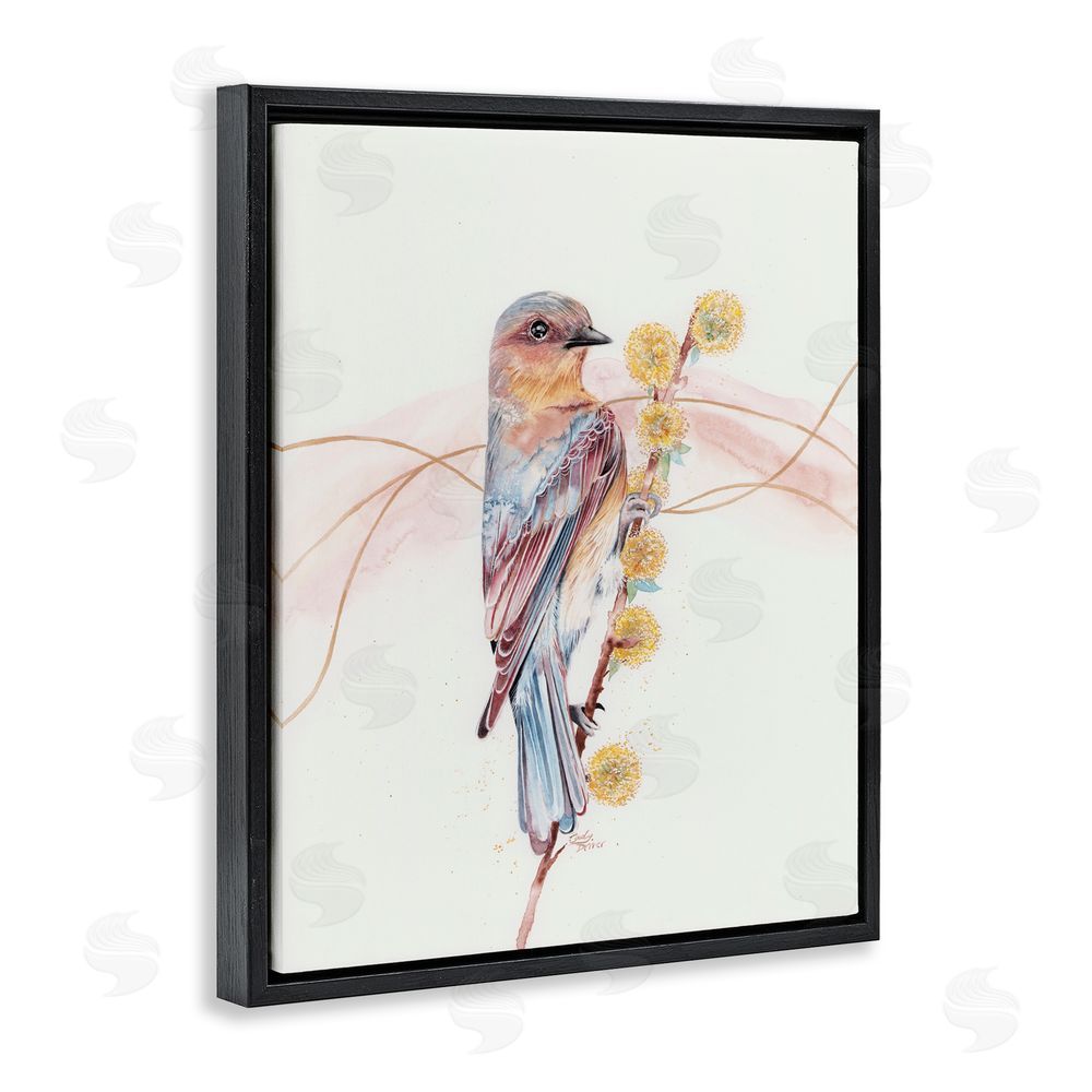 Cady Driver Bird & Yellow Puffy Flowers Black Floating Frame Canvas Wall Art Print