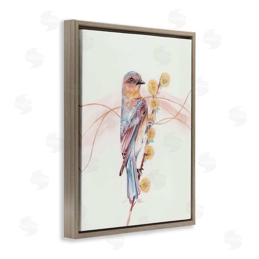 Cady Driver Bird & Yellow Puffy Flowers Brown Floating Frame Canvas Wall Art Print