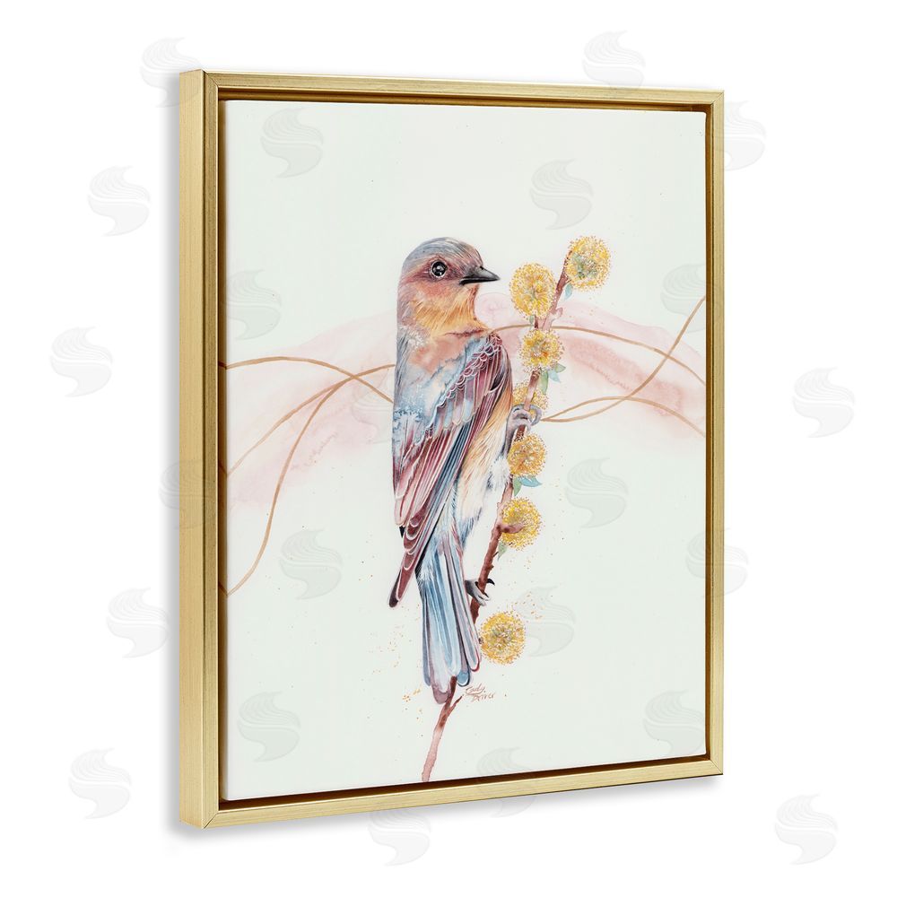 Cady Driver Bird & Yellow Puffy Flowers Gold Floating Frame Canvas Wall Art Print