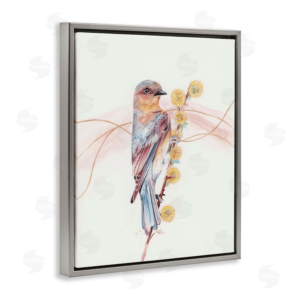 Cady Driver Bird & Yellow Puffy Flowers Gray Floating Frame Canvas Wall Art Print