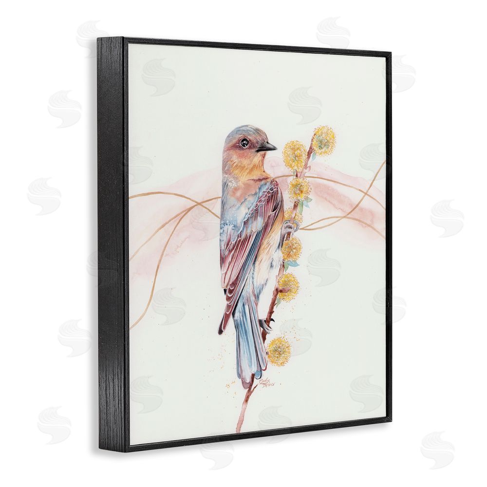 Cady Driver Bird & Yellow Puffy Flowers Black Framed Giclee Wall Art Print