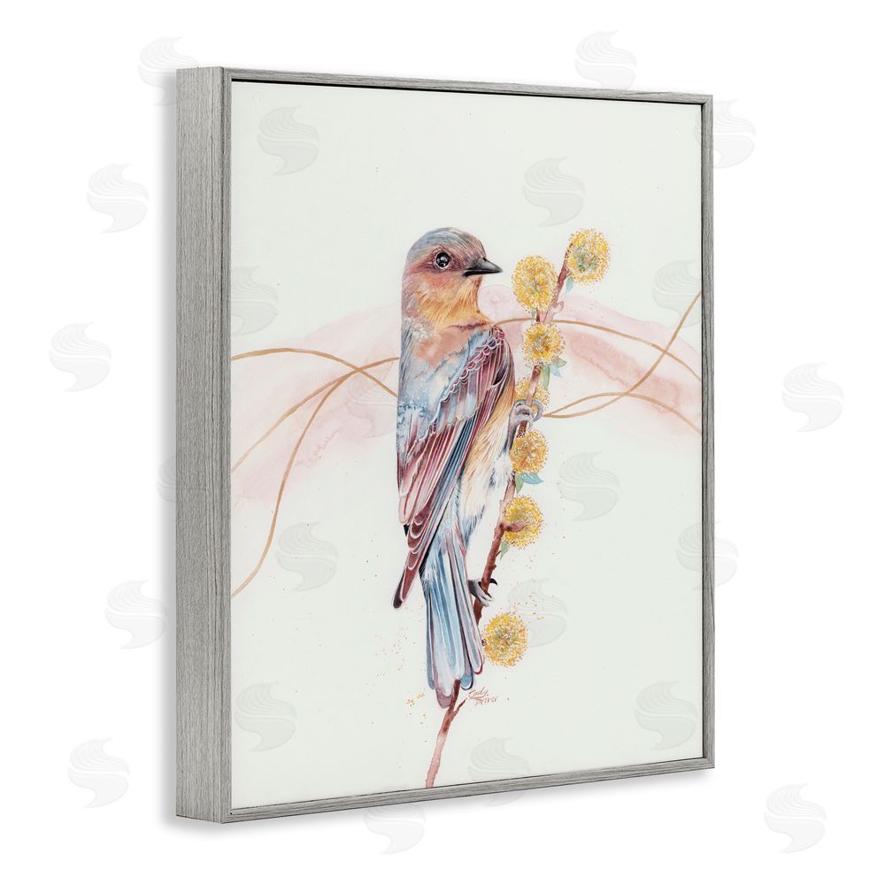Cady Driver Bird & Yellow Puffy Flowers Gray Framed Giclee Wall Art Print