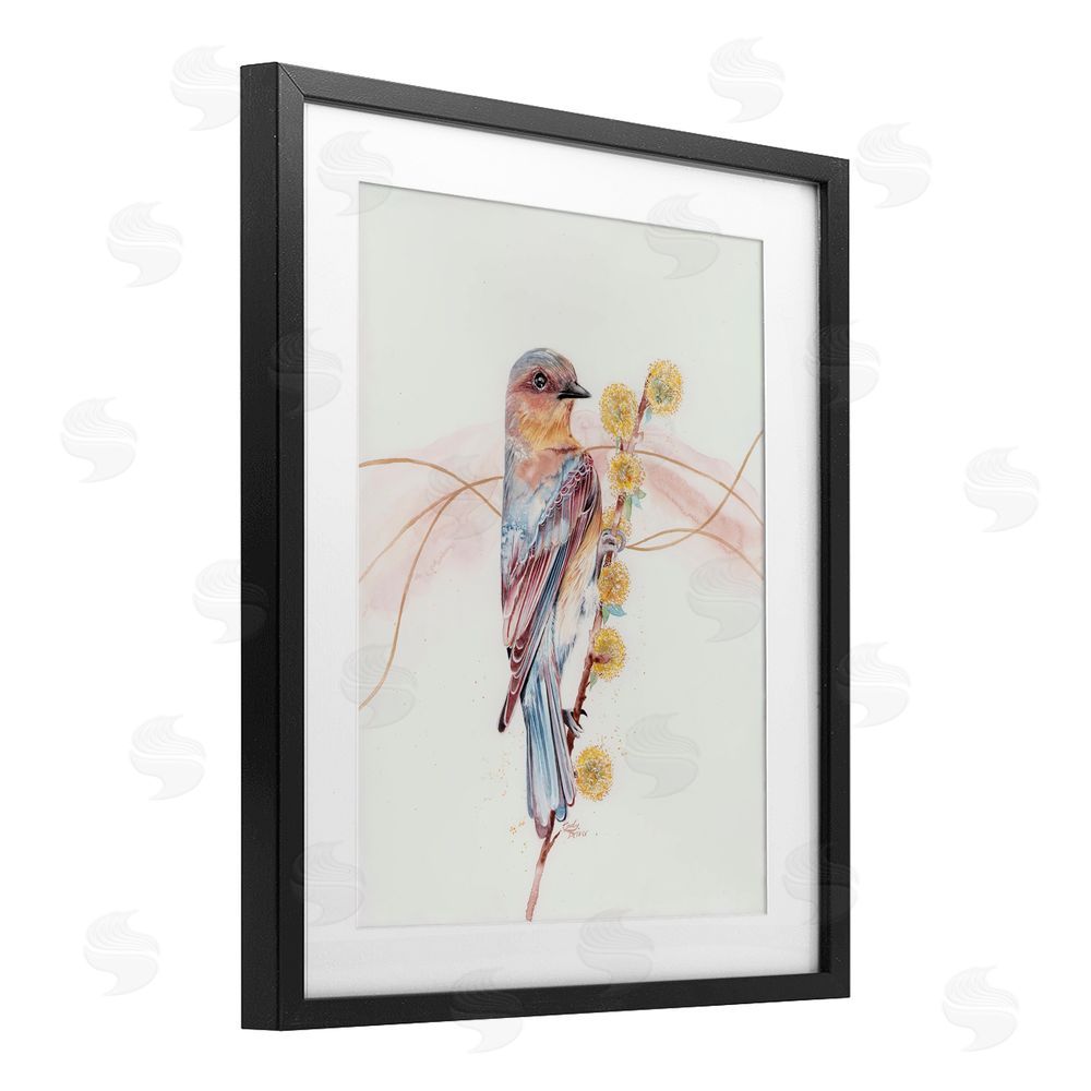 Cady Driver Bird & Yellow Puffy Flowers Black Framed Print Under Glass with White Mat Wall Art