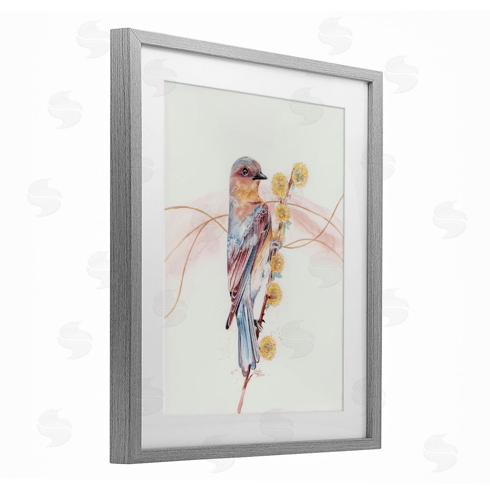 Cady Driver Bird & Yellow Puffy Flowers Gray Framed Print Under Glass with White Mat Wall Art
