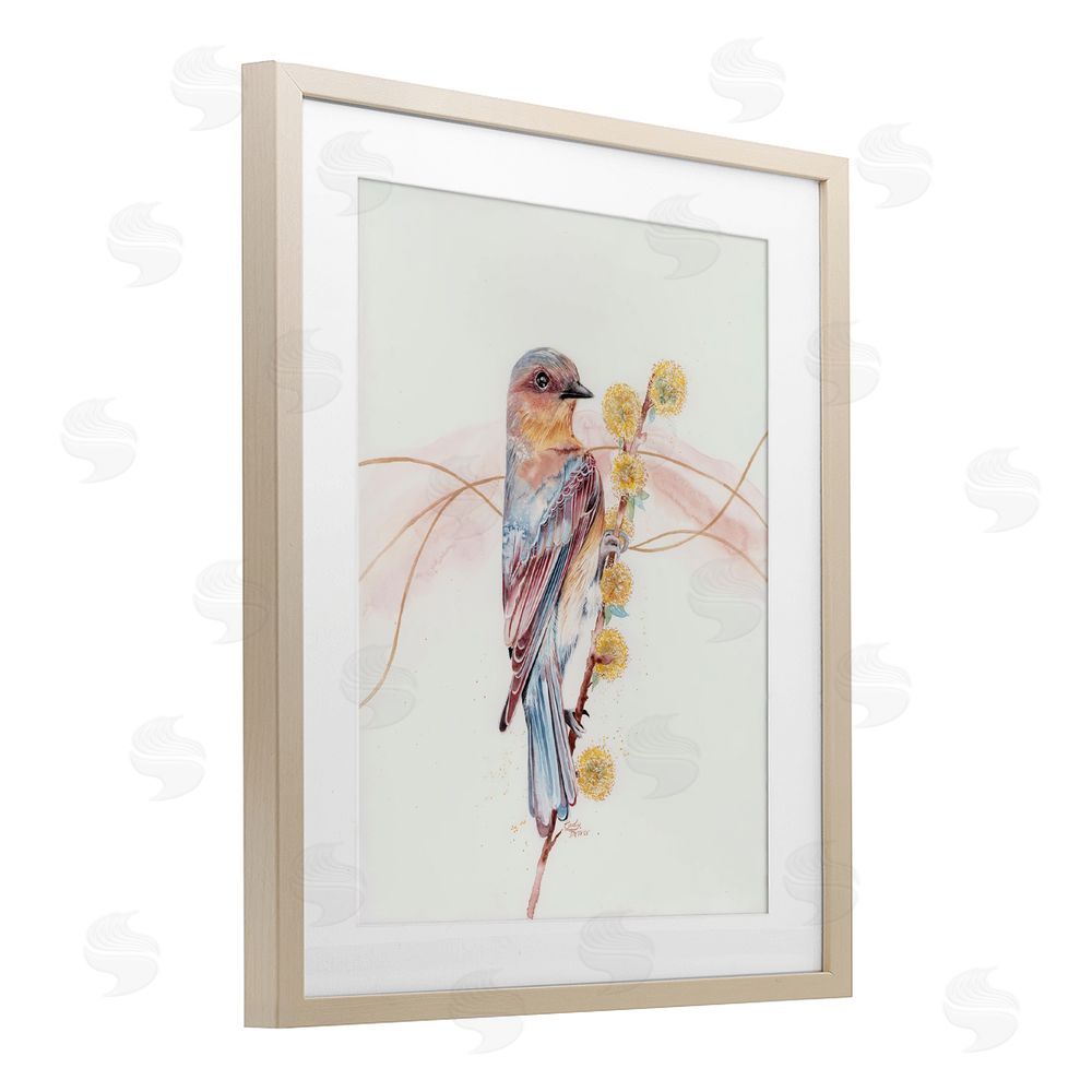Cady Driver Bird & Yellow Puffy Flowers Birch Framed Print Under Glass with White Mat Wall Art