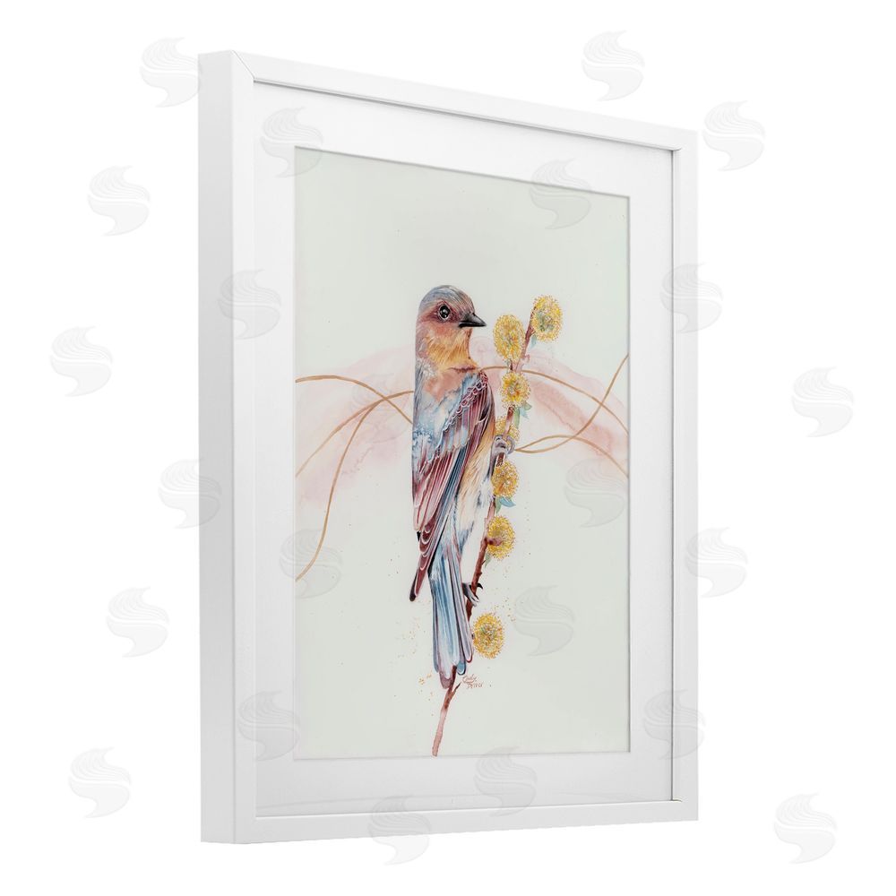 Cady Driver Bird & Yellow Puffy Flowers White Framed Print Under Glass with Mat Wall Art