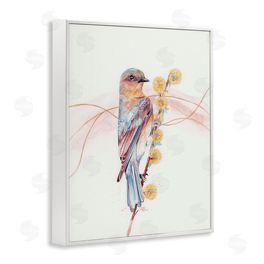 Cady Driver Bird & Yellow Puffy Flowers White Framed Giclee Wall Art Print