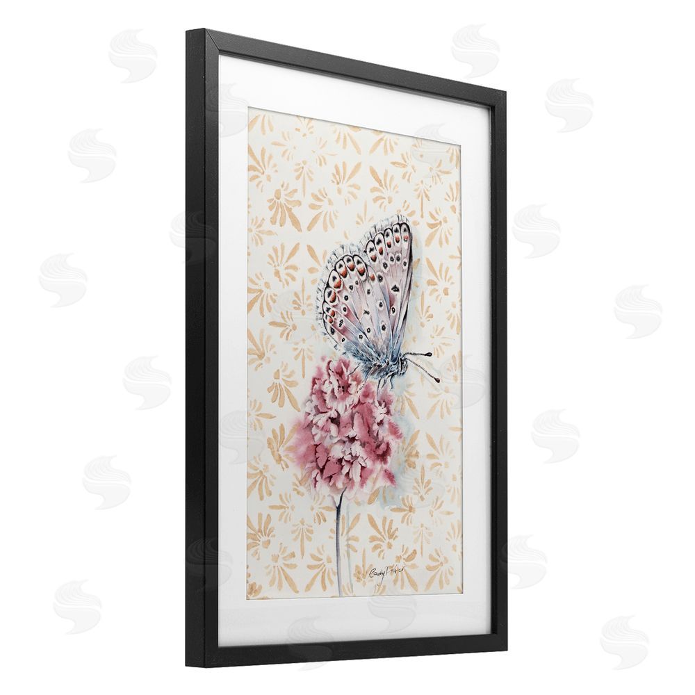 Cady Driver Butterfly & Flower over Pattern Black Framed Print Under Glass with White Mat Wall Art