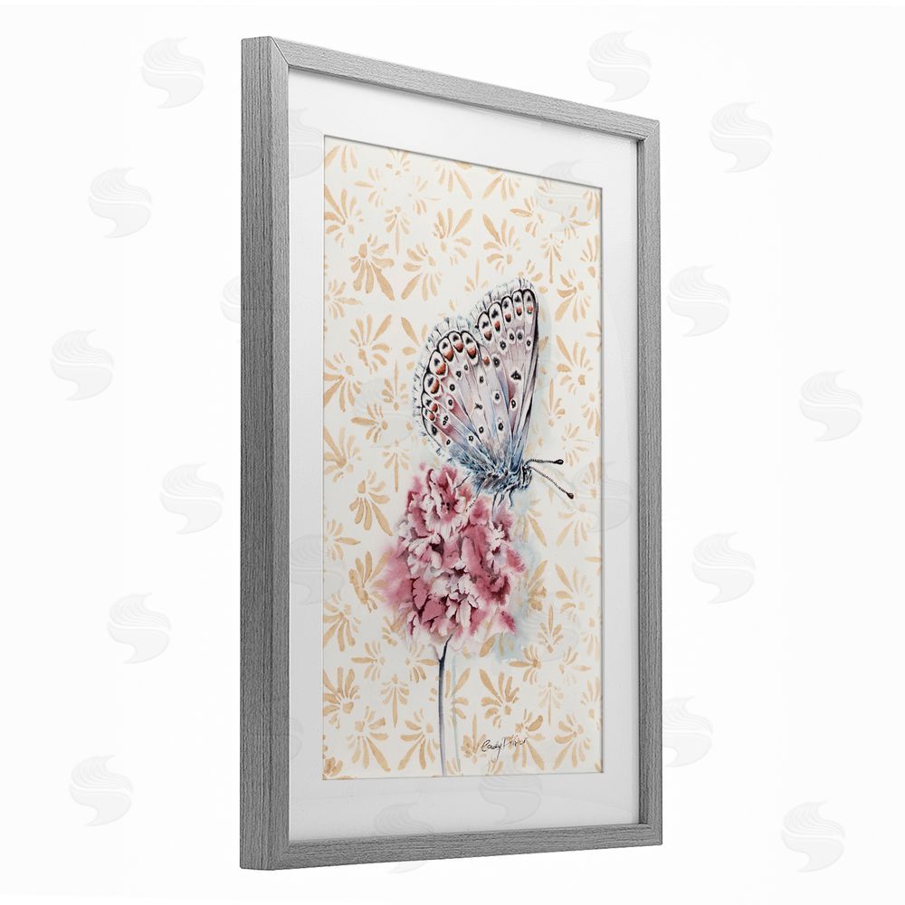 Cady Driver Butterfly & Flower over Pattern Gray Framed Print Under Glass with White Mat Wall Art