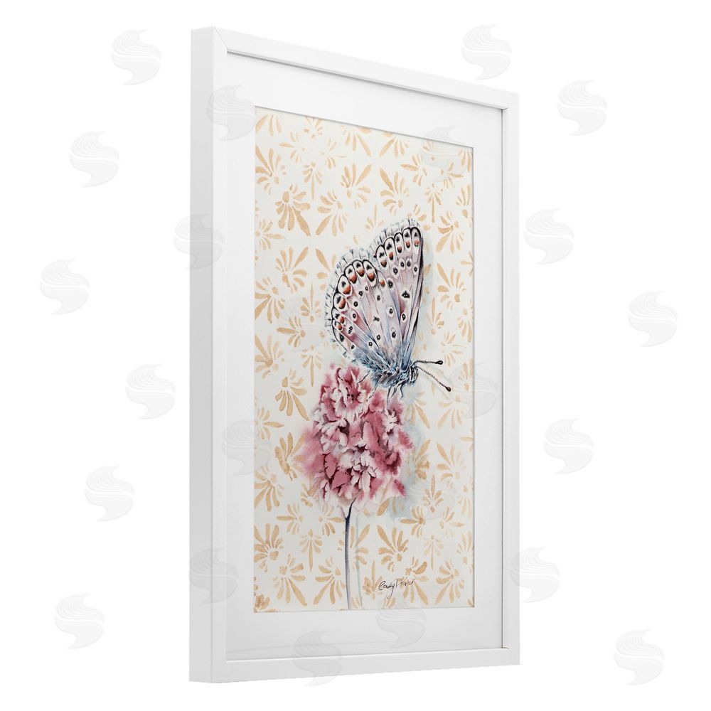 Cady Driver Butterfly & Flower over Pattern White Framed Print Under Glass with Mat Wall Art