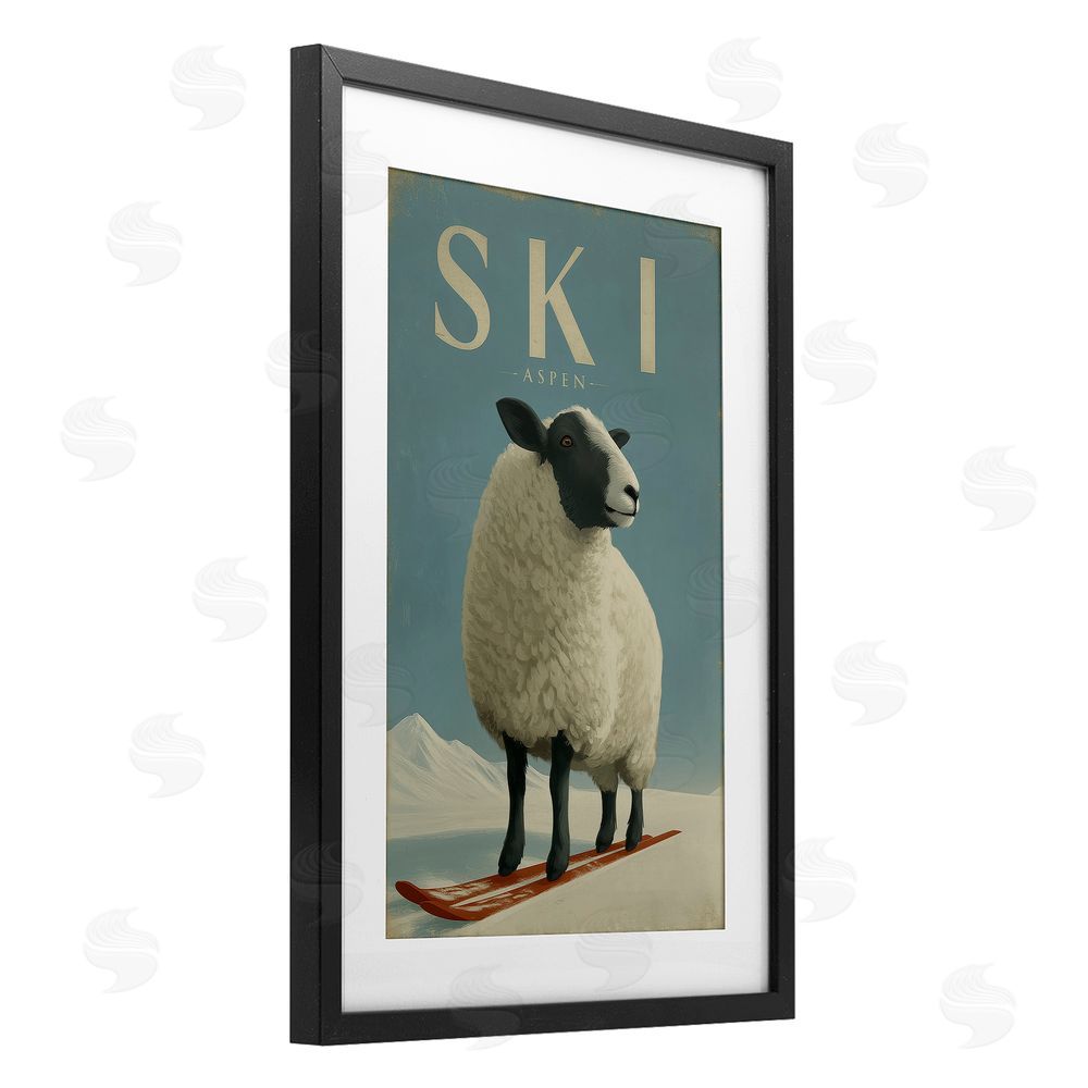 Annabelle Hall Ski Aspen Sheep Black Framed Print Under Glass with White Mat Wall Art