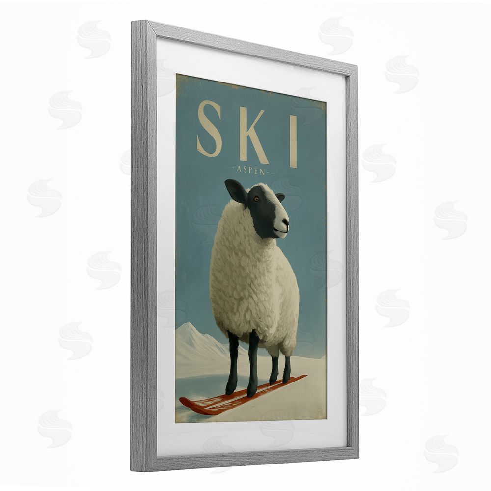 Annabelle Hall Ski Aspen Sheep Gray Framed Print Under Glass with White Mat Wall Art