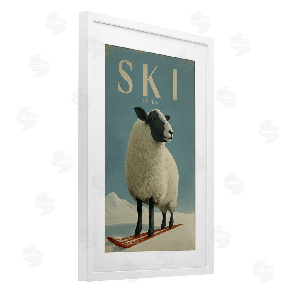 Annabelle Hall Ski Aspen Sheep White Framed Print Under Glass with Mat Wall Art