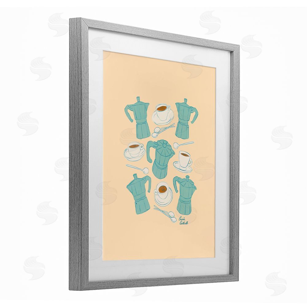 Carrie Cantwell Espresso & Moka Pots Gray Framed Print Under Glass with White Mat Wall Art