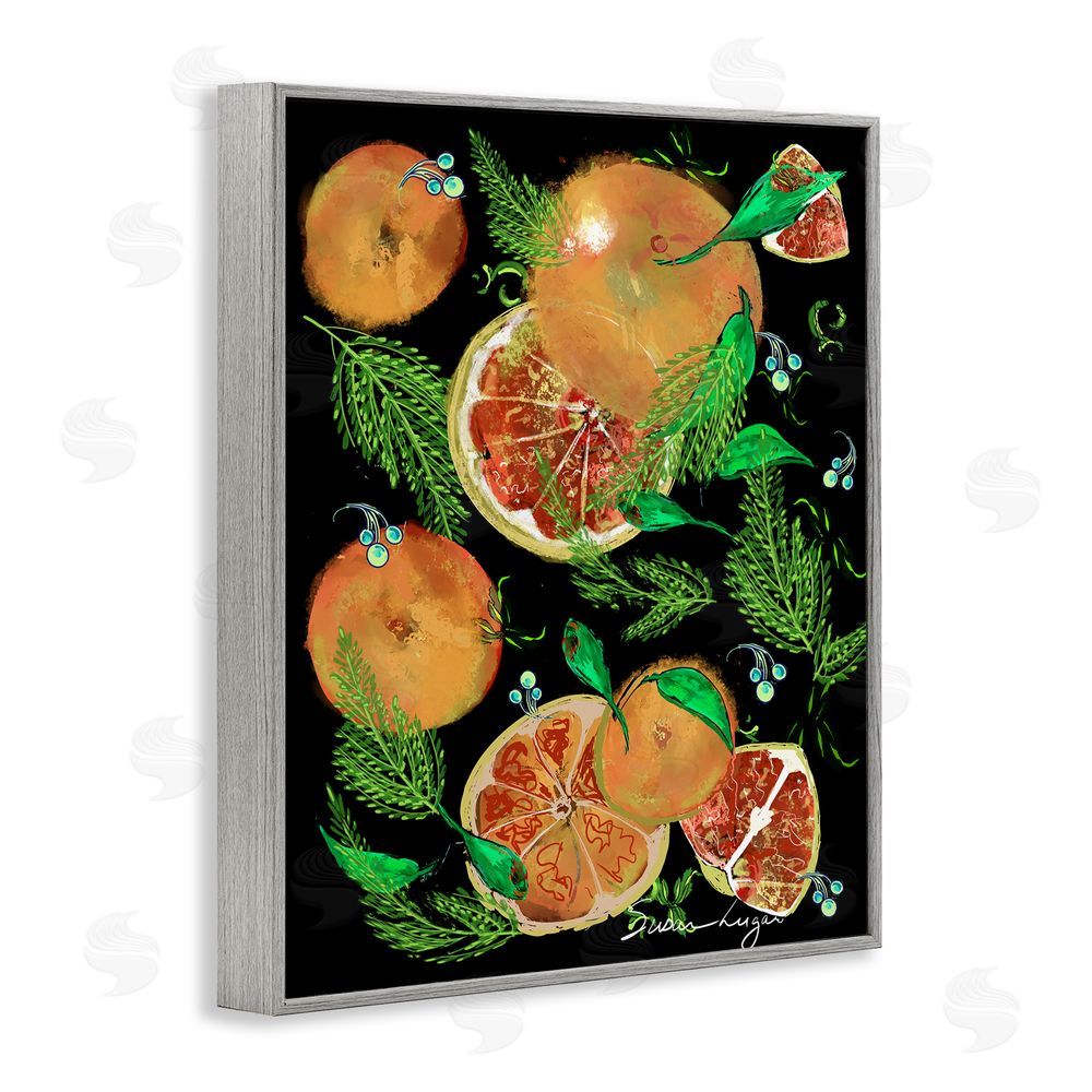 Susan Lugar Grapefruit & Ferns Medley Gray Framed Giclee Wall Art Print