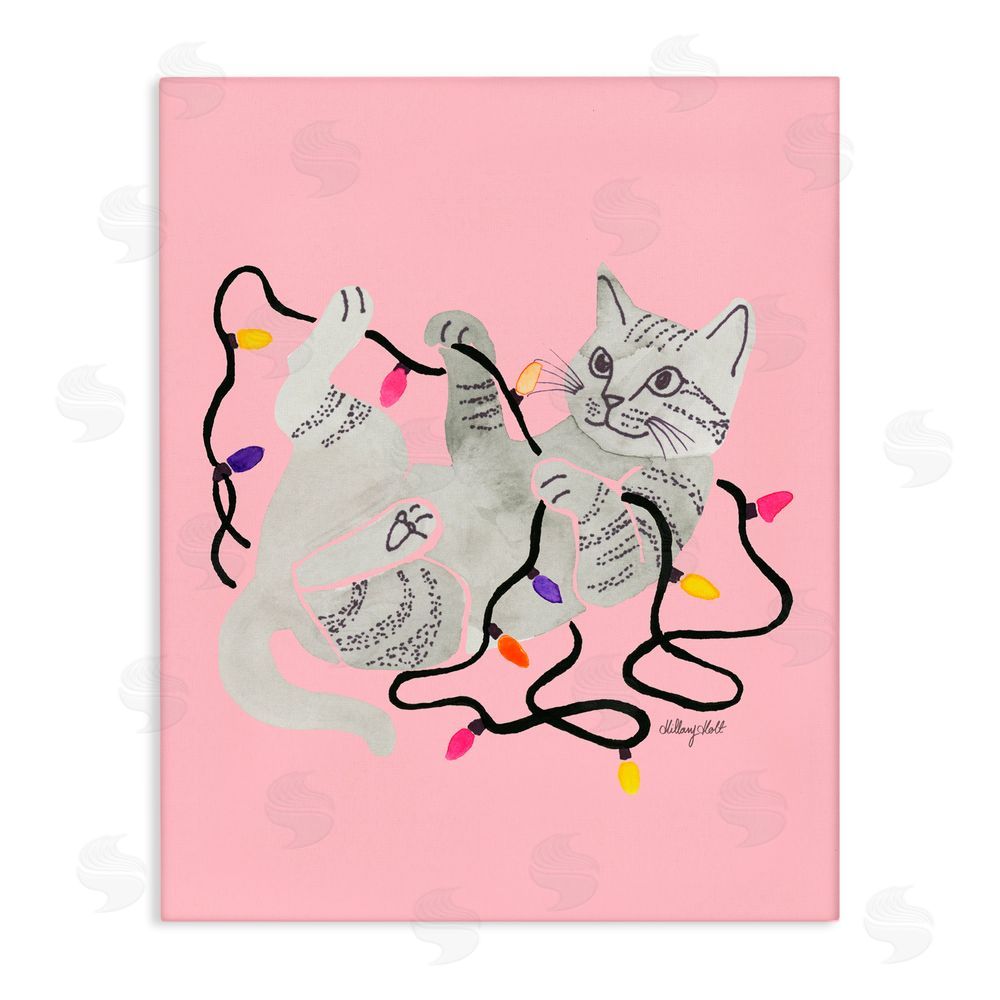 Hillary Holt Cat With Christmas Lights Pink Canvas Wall Art Print