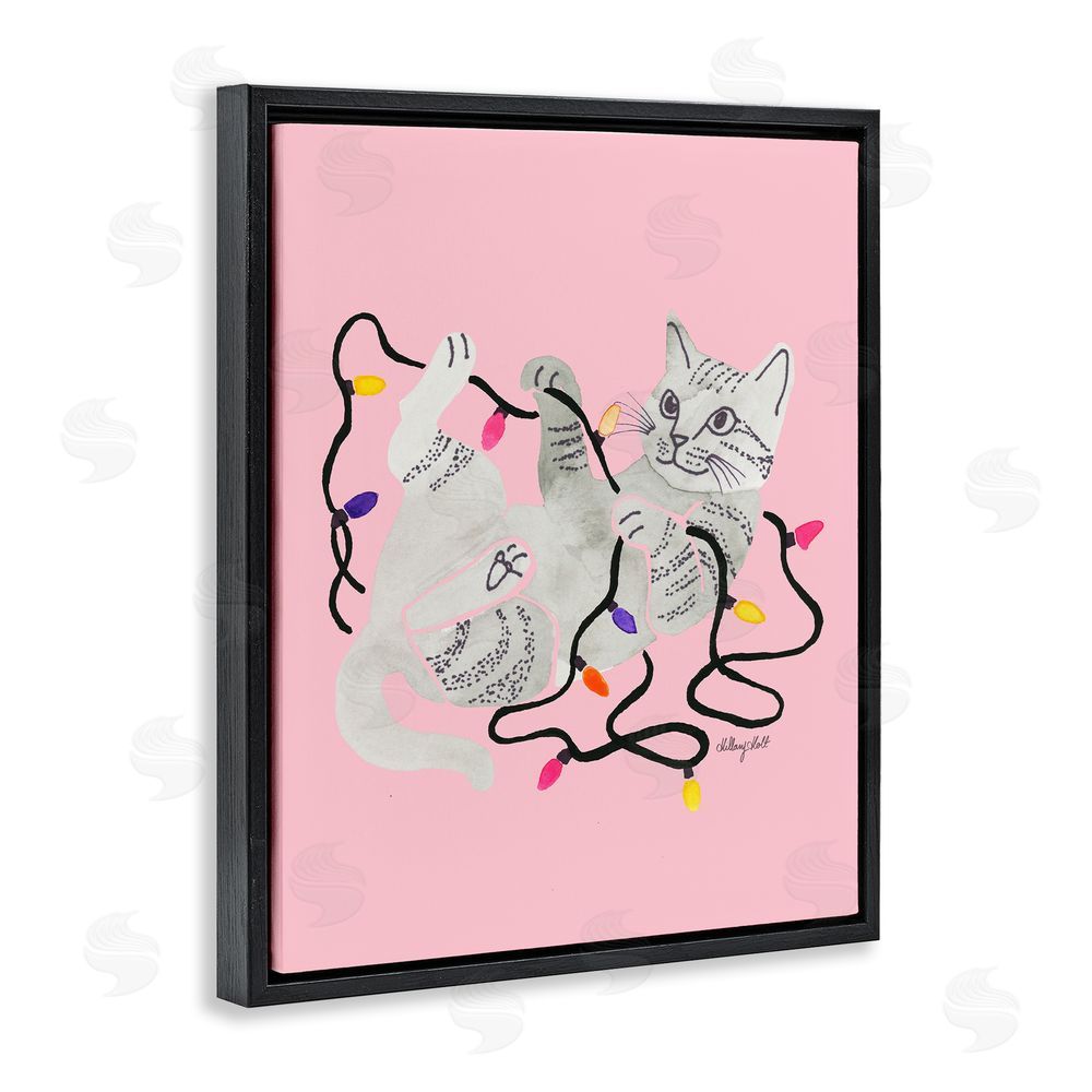 Hillary Holt Cat With Christmas Lights Pink Black Floating Frame Canvas Wall Art Print