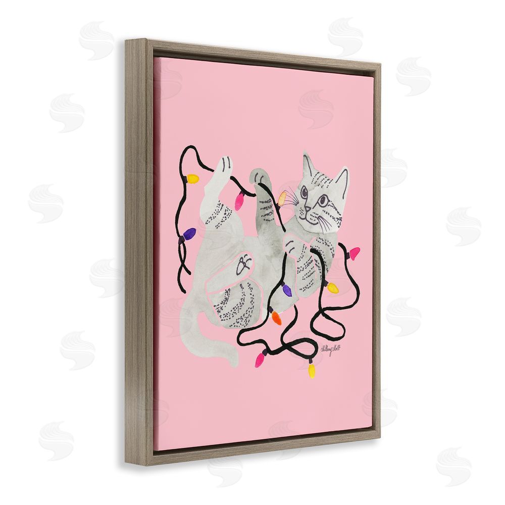 Hillary Holt Cat With Christmas Lights Pink Brown Floating Frame Canvas Wall Art Print