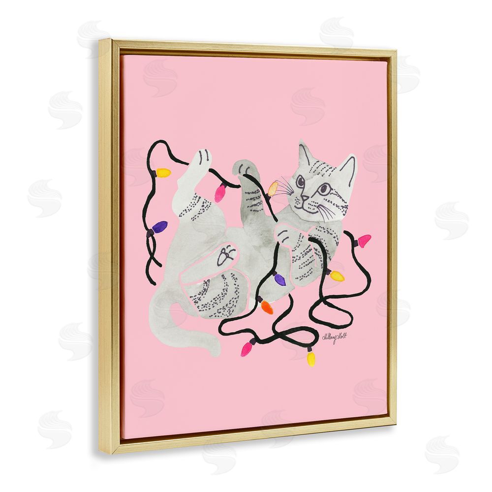Hillary Holt Cat With Christmas Lights Pink Gold Floating Frame Canvas Wall Art Print