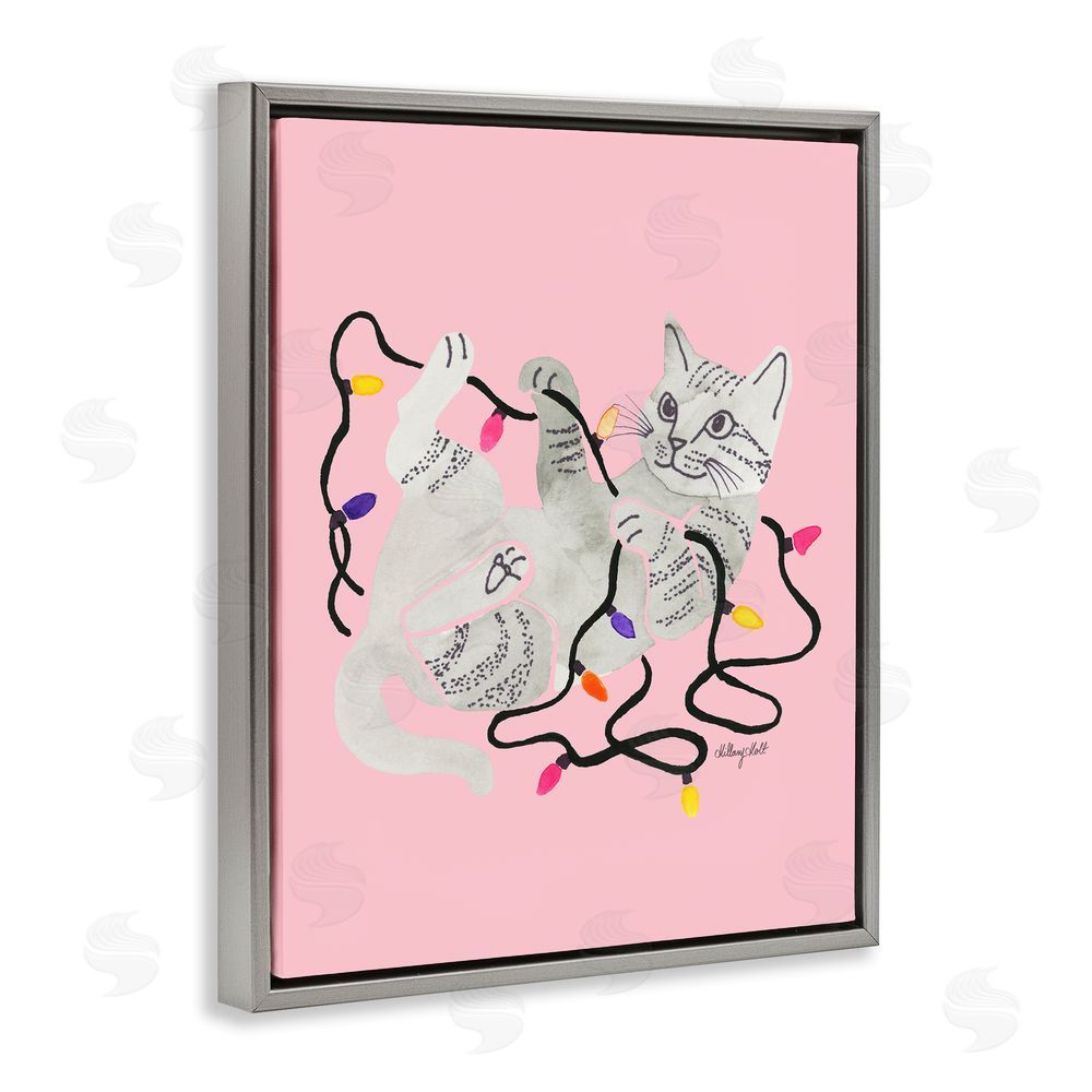 Hillary Holt Cat With Christmas Lights Pink Gray Floating Frame Canvas Wall Art Print