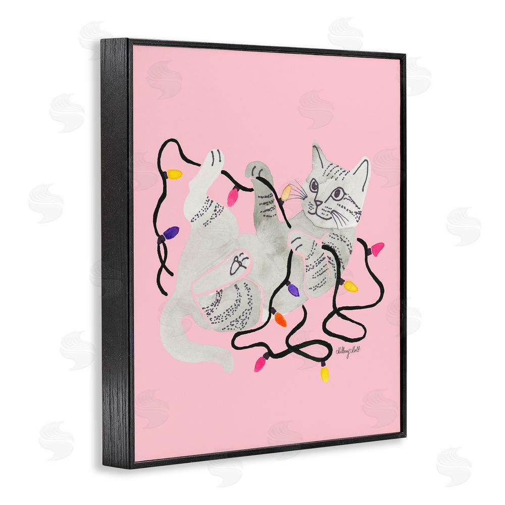 Hillary Holt Cat With Christmas Lights Pink Black Framed Giclee Wall Art Print