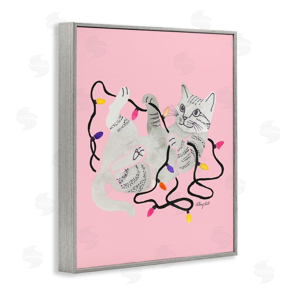 Hillary Holt Cat With Christmas Lights Pink Gray Framed Giclee Wall Art Print