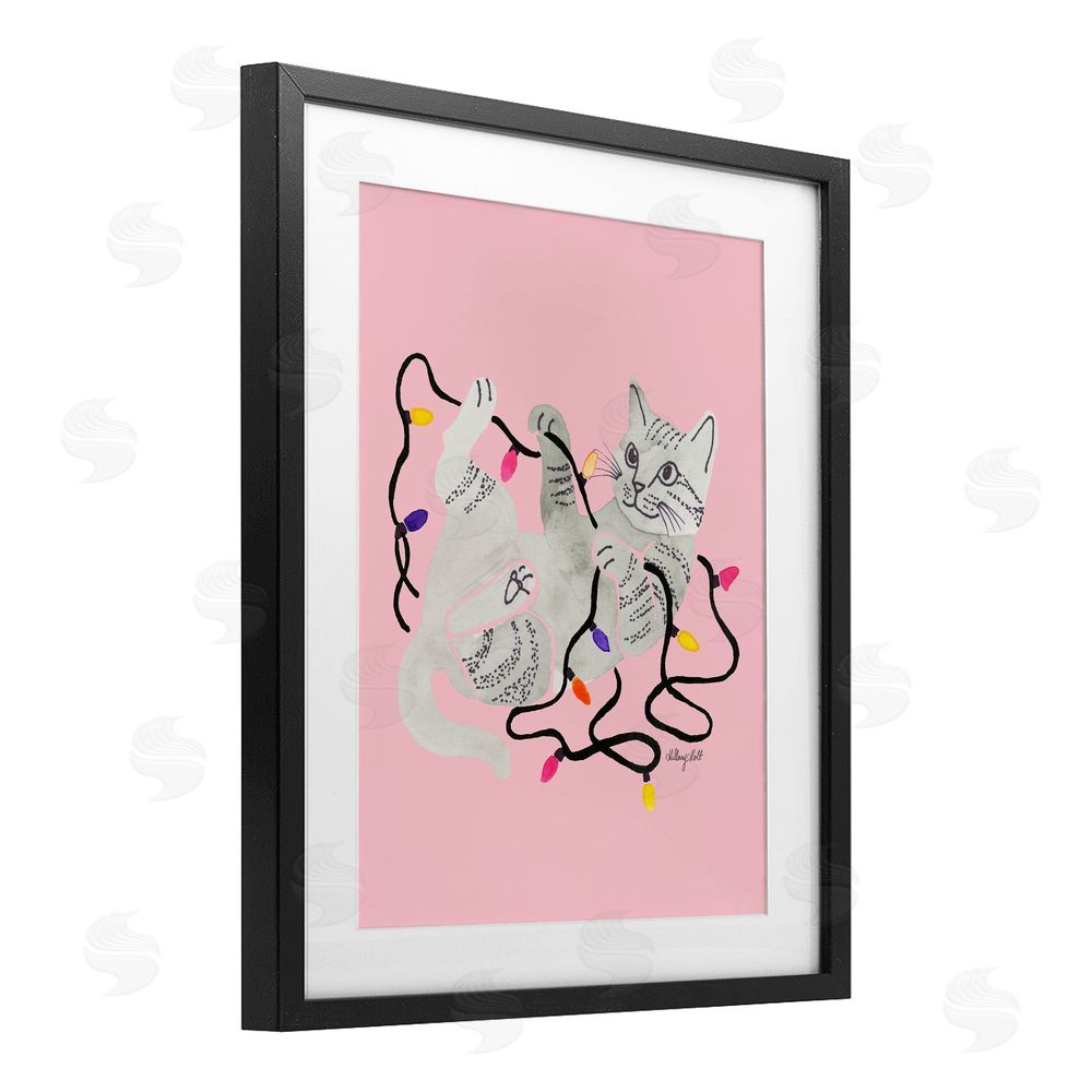 Hillary Holt Cat With Christmas Lights Pink Black Framed Print Under Glass with White Mat Wall Art
