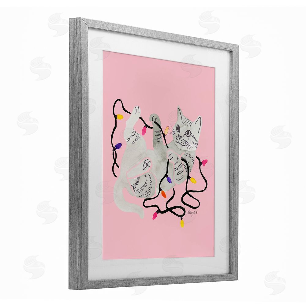 Hillary Holt Cat With Christmas Lights Pink Gray Framed Print Under Glass with White Mat Wall Art