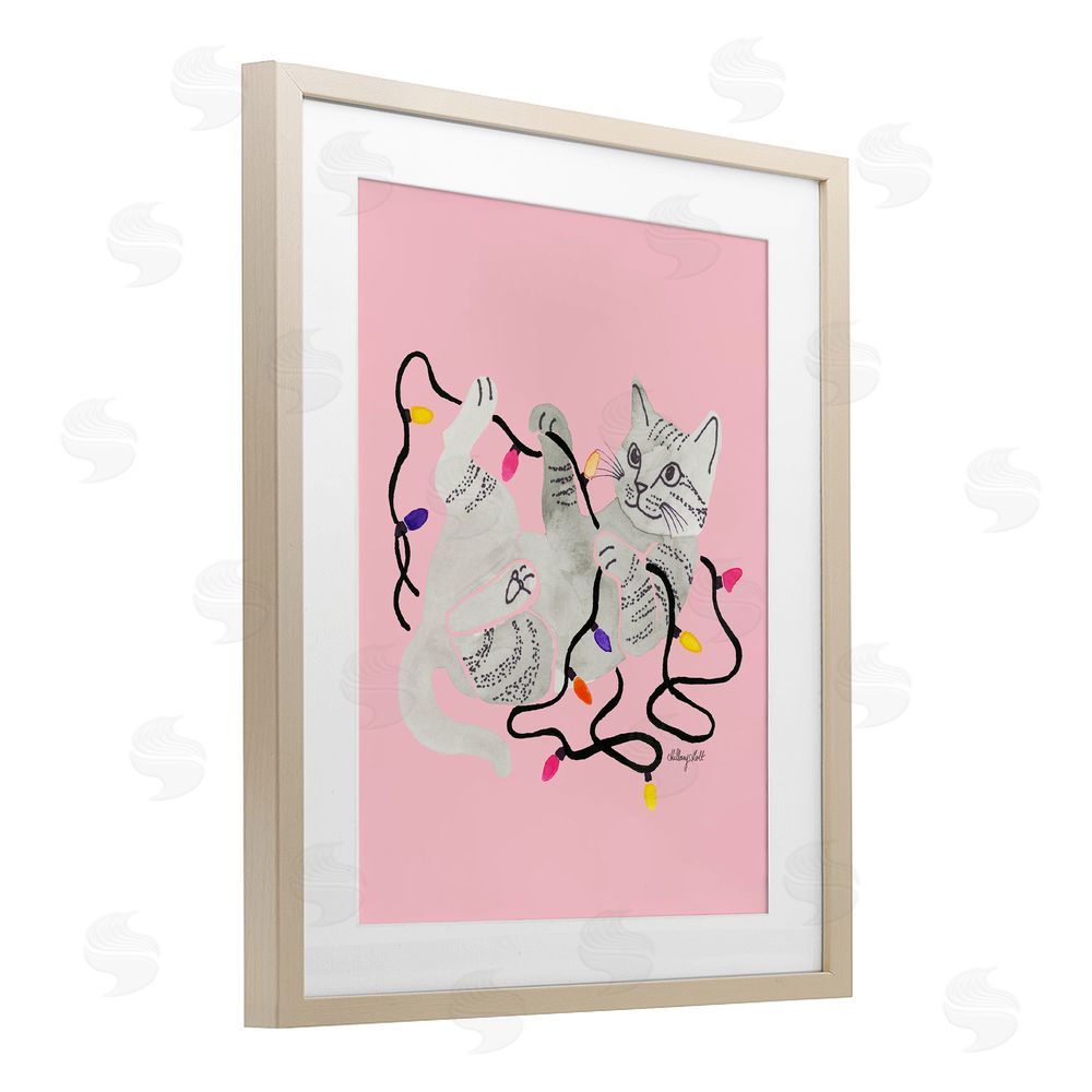 Hillary Holt Cat With Christmas Lights Pink Birch Framed Print Under Glass with White Mat Wall Art