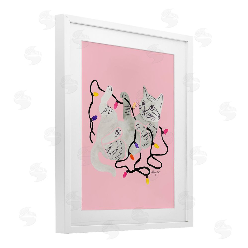 Hillary Holt Cat With Christmas Lights Pink White Framed Print Under Glass with Mat Wall Art