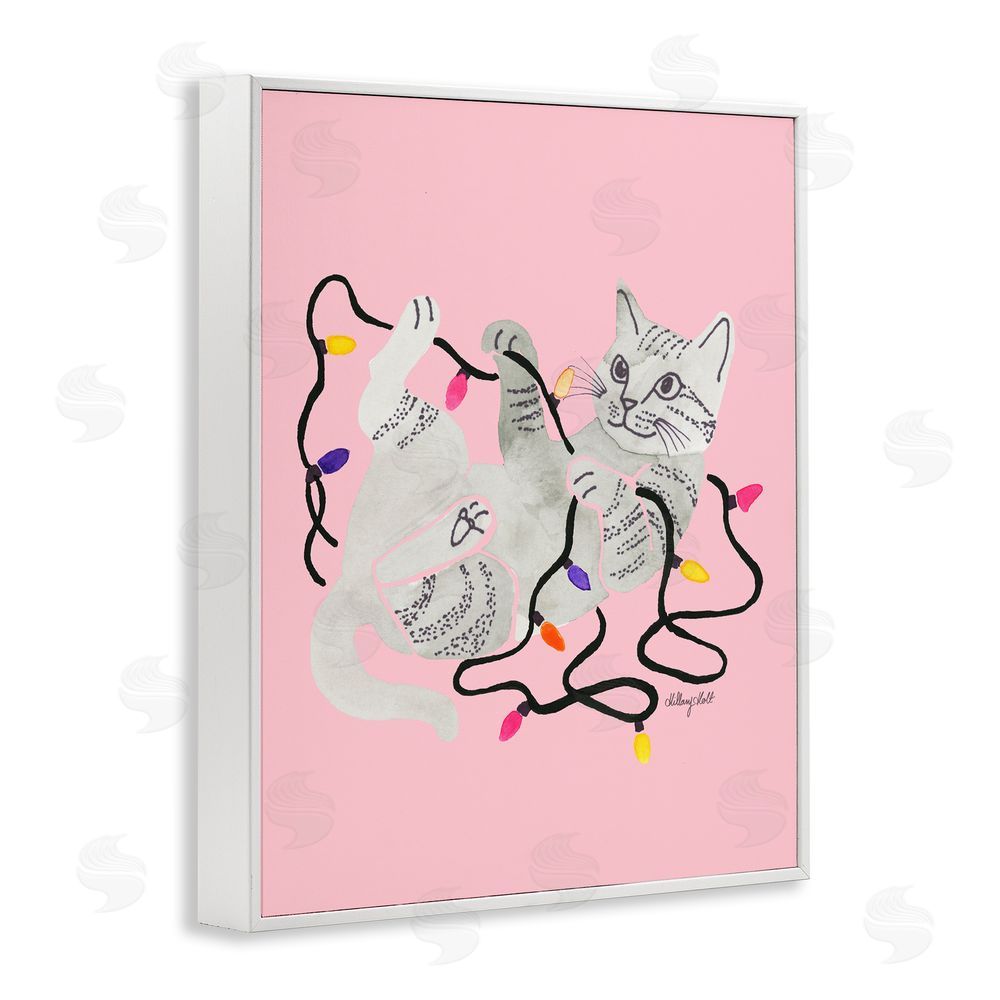 Hillary Holt Cat With Christmas Lights Pink White Framed Giclee Wall Art Print