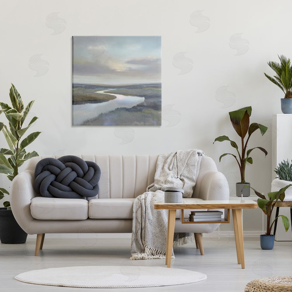Christy McKee Calm Riverbend in Greys Stretched Canvas Wall Art in Room