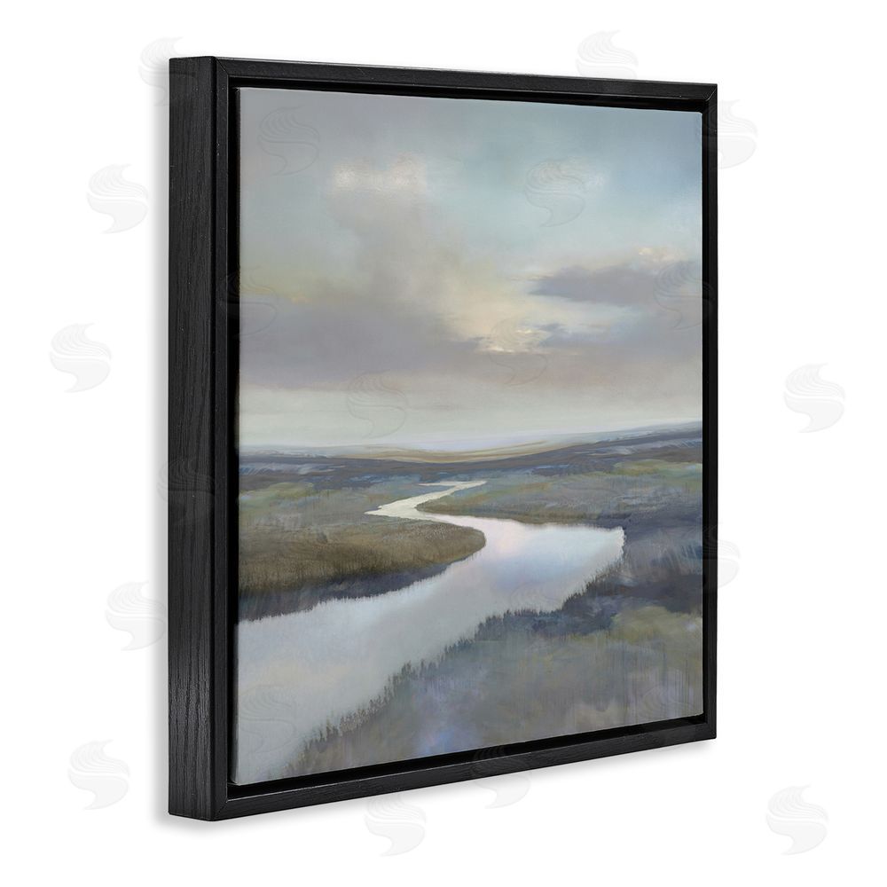 Christy McKee Calm Riverbend in Greys Black Floating Frame Canvas Wall Art Print