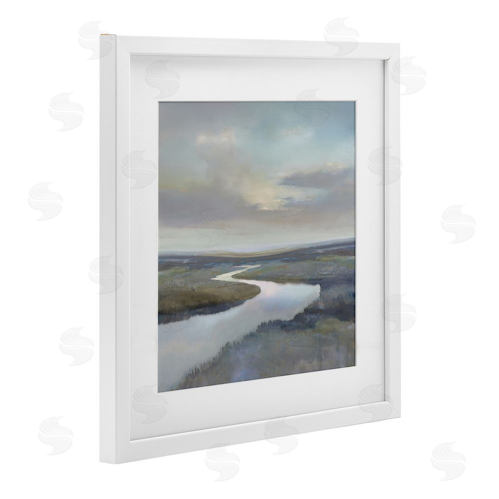 Christy McKee Calm Riverbend in Greys White Framed Print Under Glass Wall Art