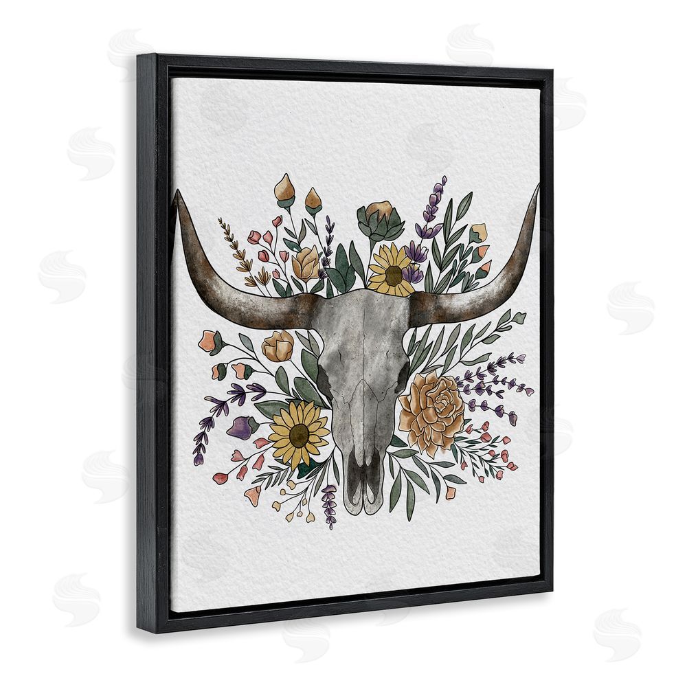 Alisha Kiara Design Boho Wildflower Longhorn Black Floating Frame Canvas Wall Art Print