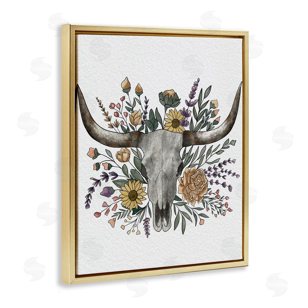 Alisha Kiara Design Boho Wildflower Longhorn Gold Floating Frame Canvas Wall Art Print