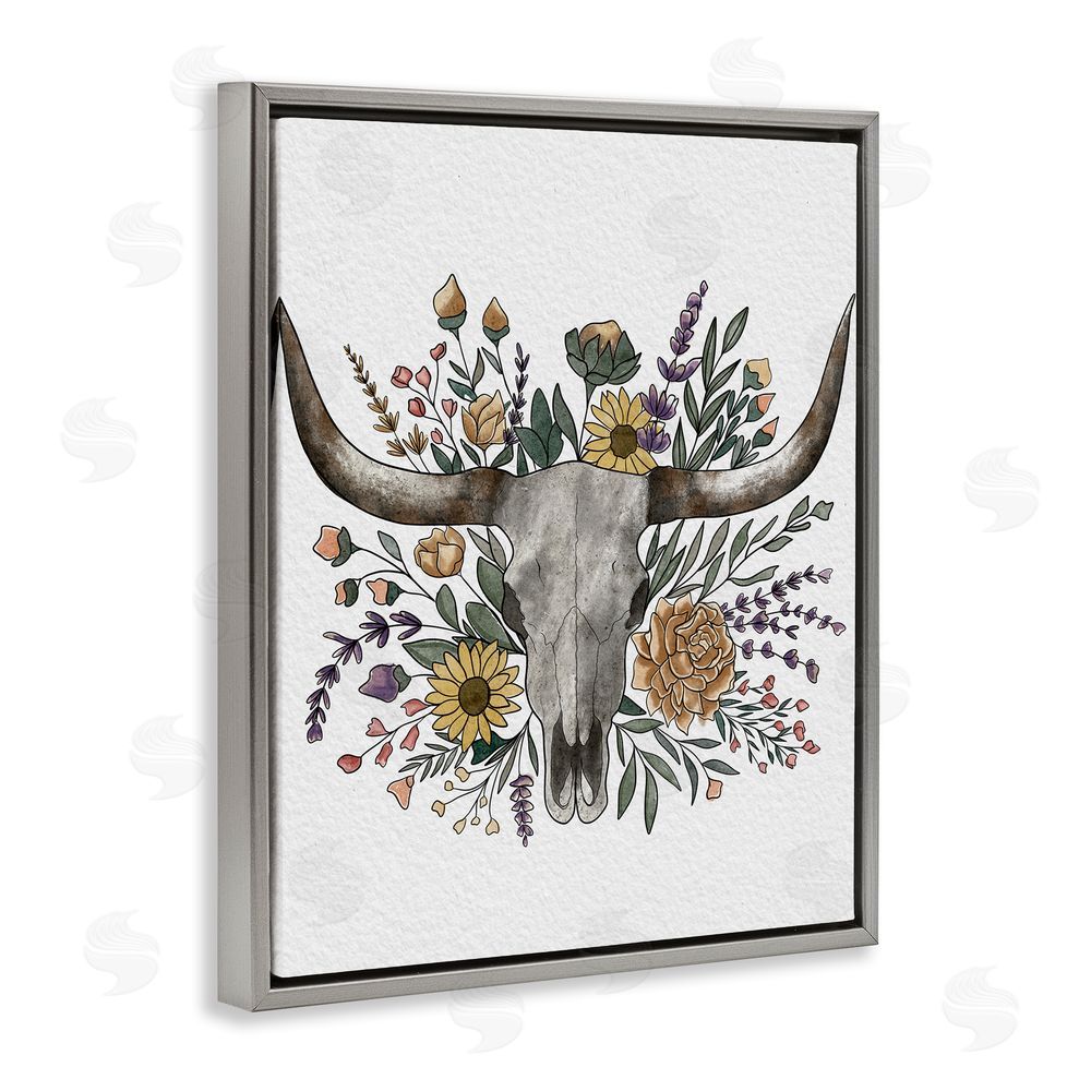 Alisha Kiara Design Boho Wildflower Longhorn Gray Floating Frame Canvas Wall Art Print