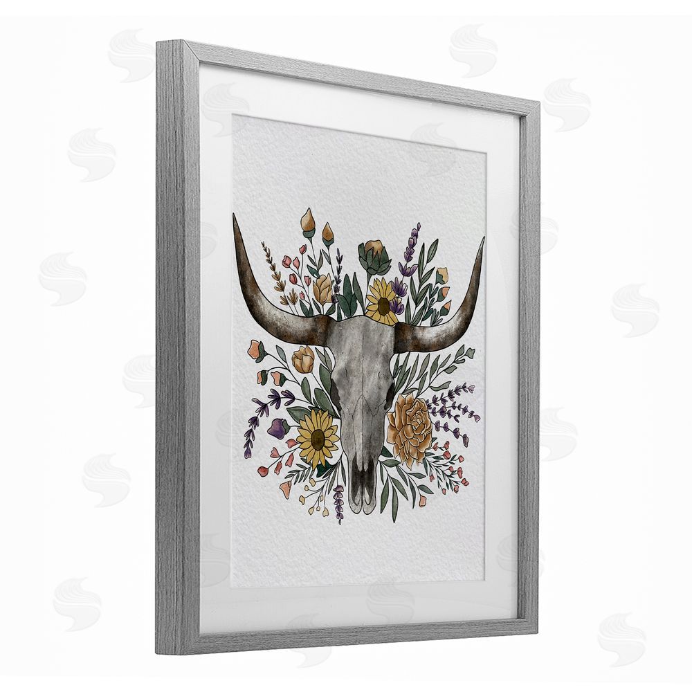 Alisha Kiara Design Boho Wildflower Longhorn Gray Framed Print Under Glass Wall Art